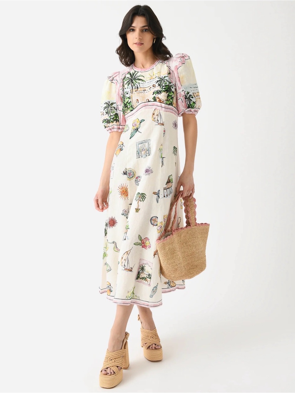 ALEMAIS |Sunset Puff-Sleeve Printed Linen Midi Dress 4